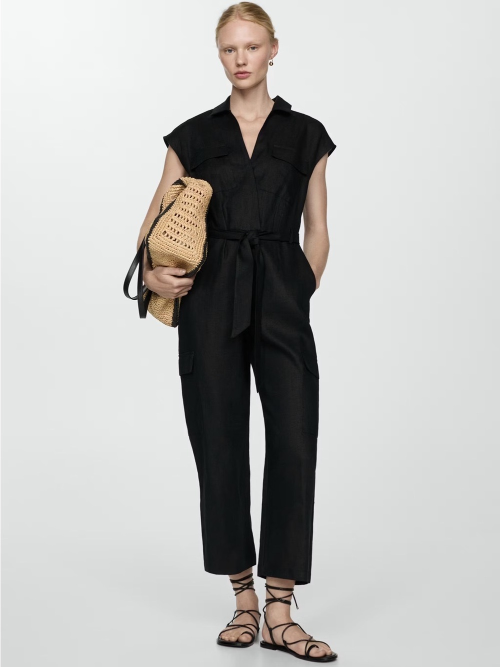 MANGO CARGO-STYLE LINEN JUMPSUIT BLACK UTILITY TIE WAIST SIZE SMALL 100% LINEN